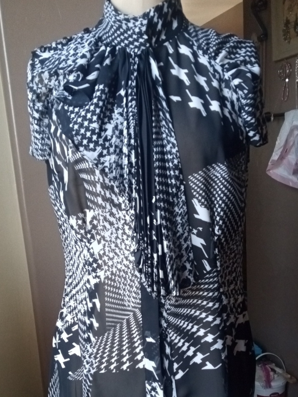 Worthington Black & White Houndstooth Tie-Neck Blouse